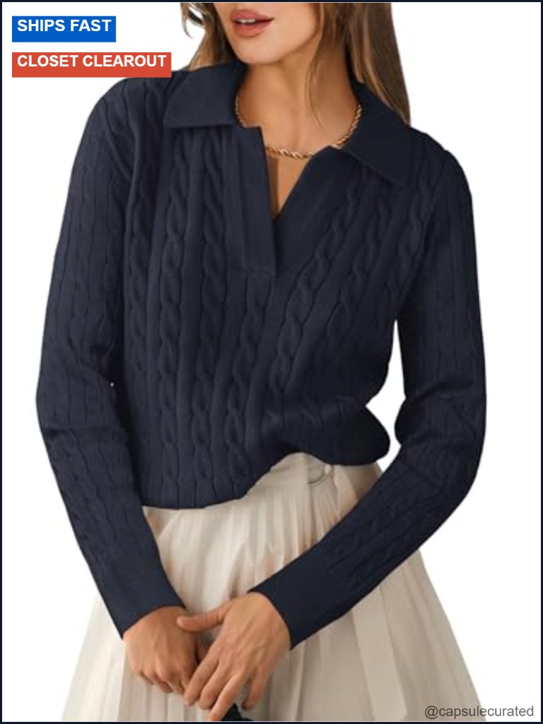 Cable Knit V-Neck Pullover Sweater - Long Sleeve Collared Top